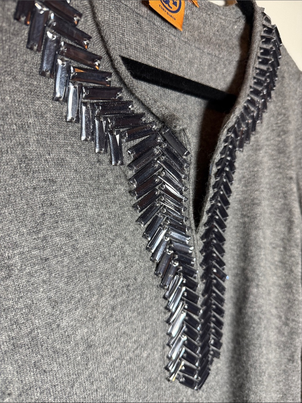 Tory Burch Gray V‑Neck Sweater with Silver Beaded Trim - Picture 3 of 8